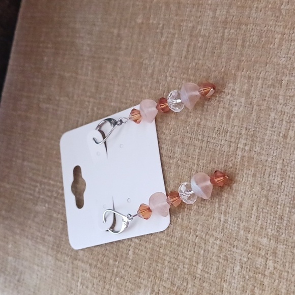 Silver Tone Leverback Pink Brown Glass Beaded Dangle Earrings - Picture 7 of 7